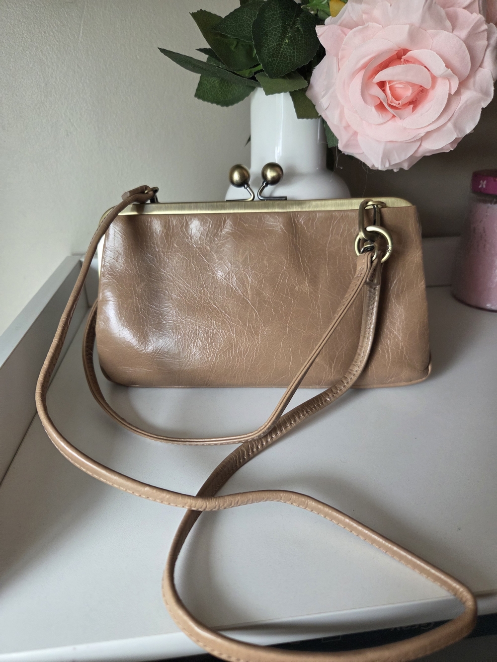 HOBO Taupe Leather Kiss-Lock Crossbody Clutch with Gold-Tone Frame
